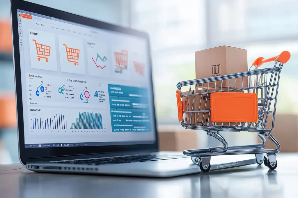 a shopping cart infront of a laptop
